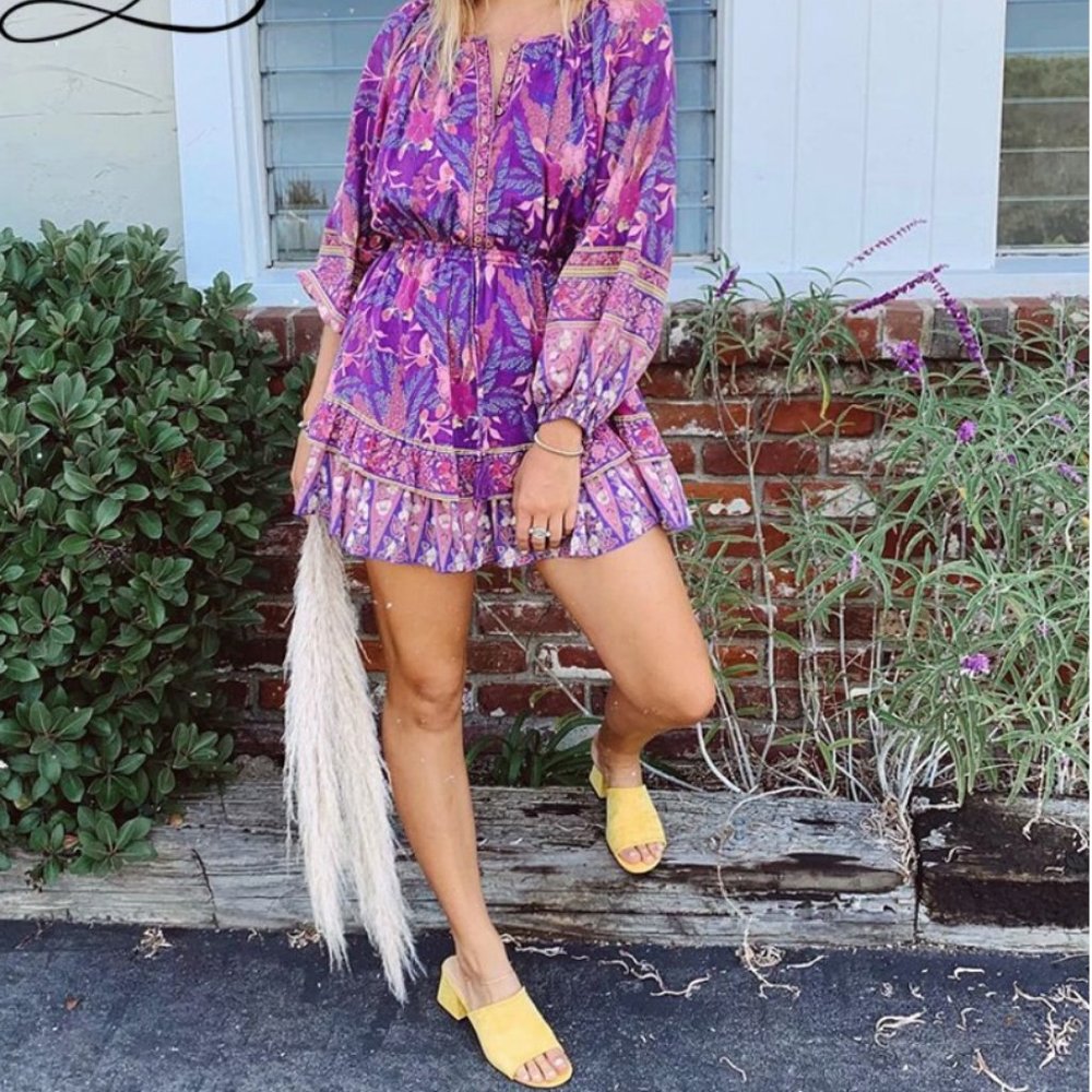 Bohemian Gypsy Purple Floral Print Mini Ruffle dress - Picture 4 of 16